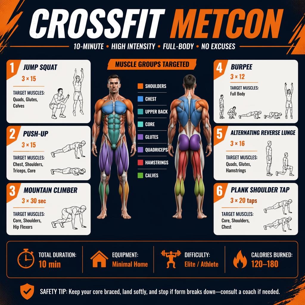 Modern CrossFit Metcon workout infographic with male anatomy front and back, 6 exercise cards, muscle highlights, and stats.
