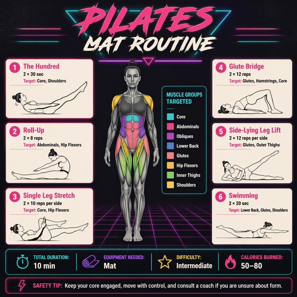 Dark mode Pilates mat routine infographic with anatomical figure, 6 exercise cards, muscle highlights, and neon retro fitness styling.
