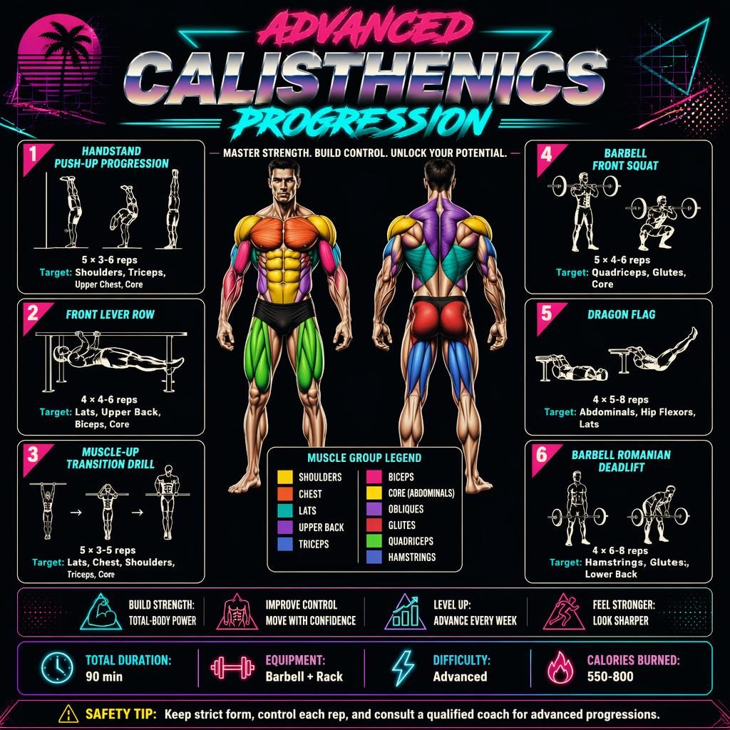 Workout infographic with male front and back anatomy, 6 advanced exercise cards, muscle highlights, stats strip, and safety tip.