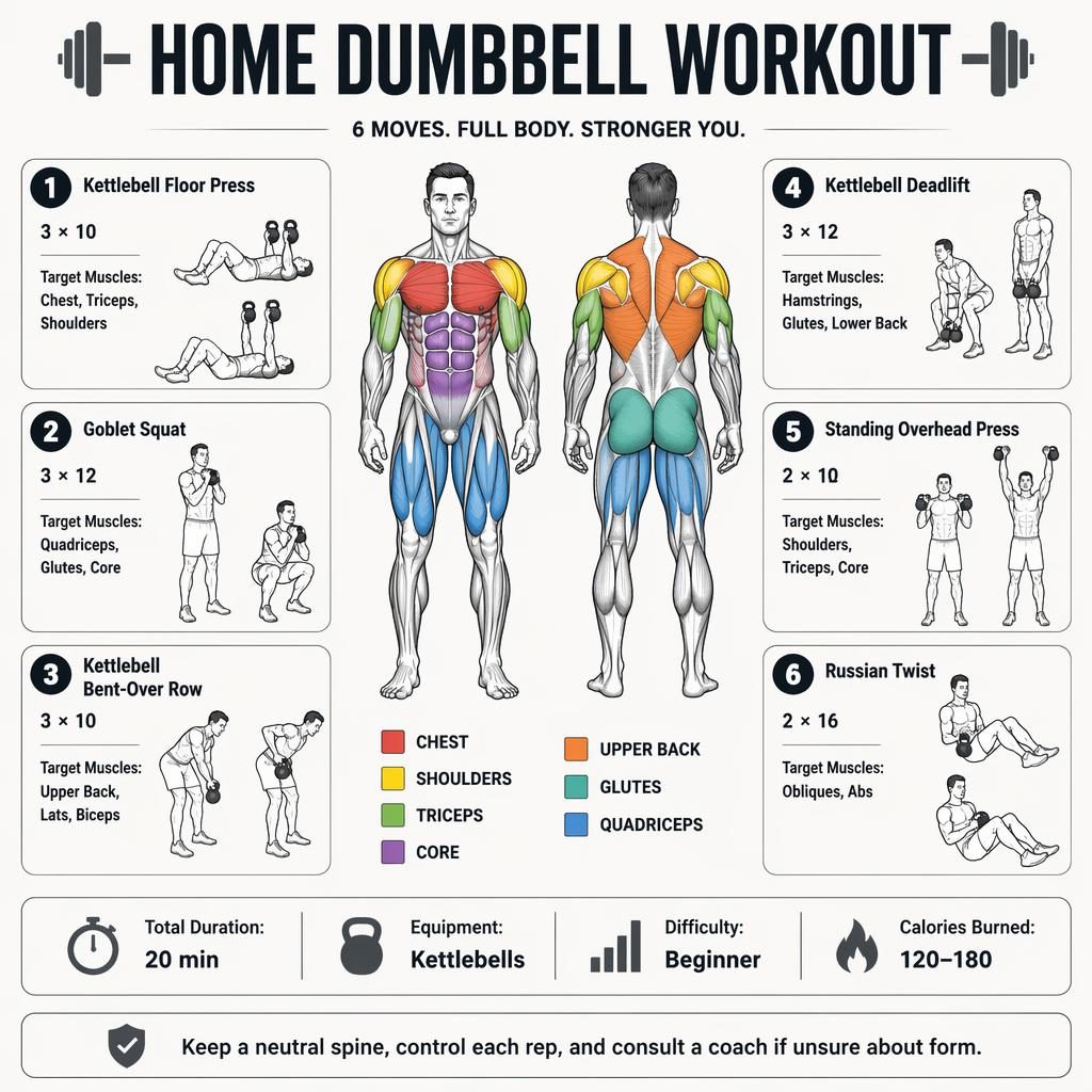Monochrome home dumbbell workout infographic with front and back body map, chest-focused muscle highlights, and 6 exercise cards