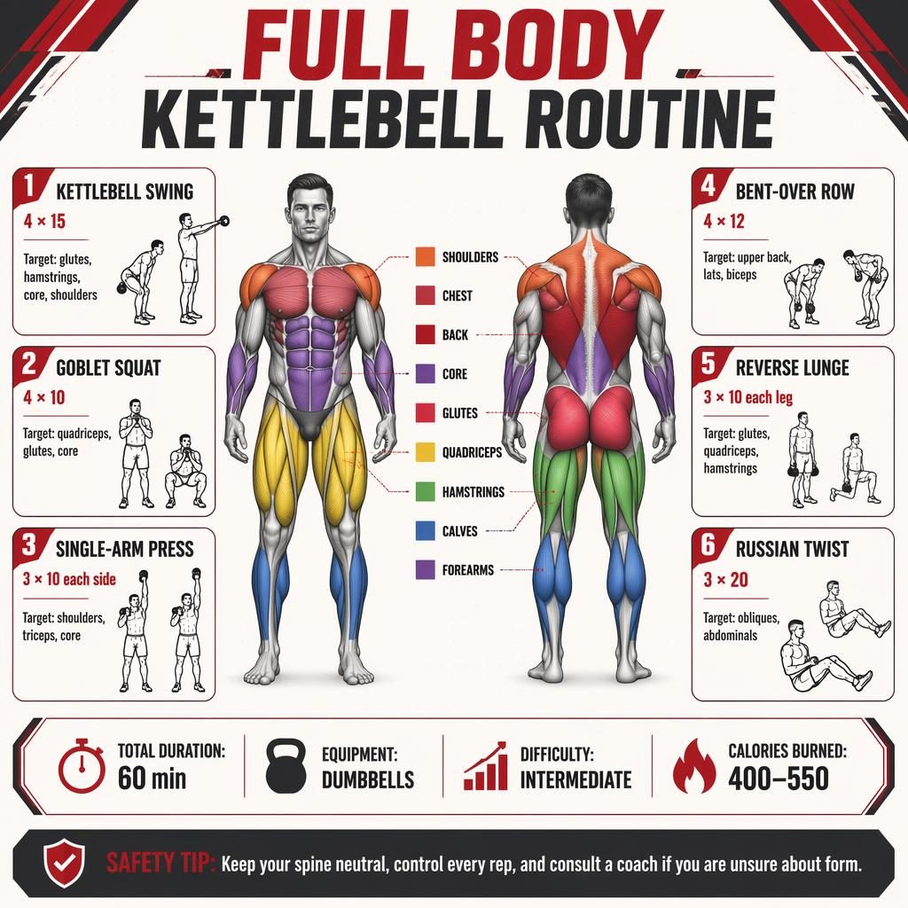 Full body kettlebell routine infographic with anatomical front and back figures, 6 exercise cards, stats strip, and safety tip.