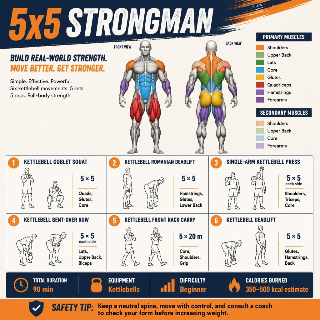5x5 Strongman kettlebell workout infographic with front and back muscle map, 6 exercise cards, stats strip, and safety tip.