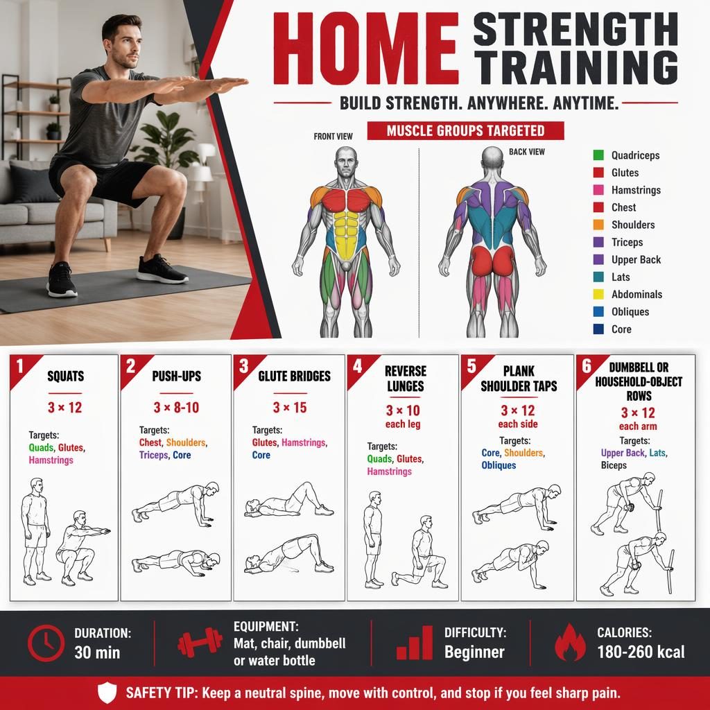 Moderne Fitness-Infografik zu krafttraining zu hause mit Anatomiefigur, 6 Übungen, Muskelmarkierungen und roten Akzenten.