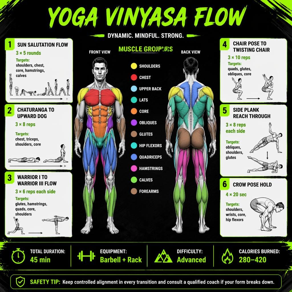 Neon green and black yoga vinyasa flow infographic with anatomy views, 6 exercise cards, stats strip, and safety tip.