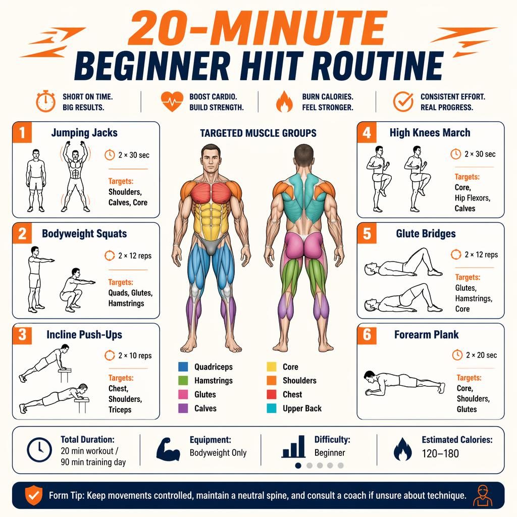 Beginner HIIT workout infographic with front and back muscle map, 6 exercise cards, stats strip, and safety tip in orange and navy.