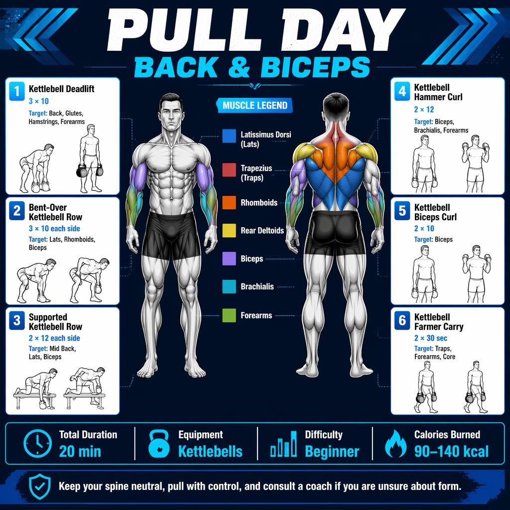Gym infographic poster showing Pull Day Back & Biceps with muscle map, 6 kettlebell exercise cards, stats strip, and safety tip.