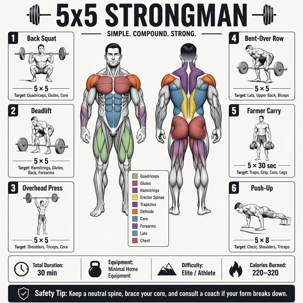 Monochrome workout infographic with front and back anatomy figure, muscle highlights, and 6 exercise cards for 5x5 Strongman.