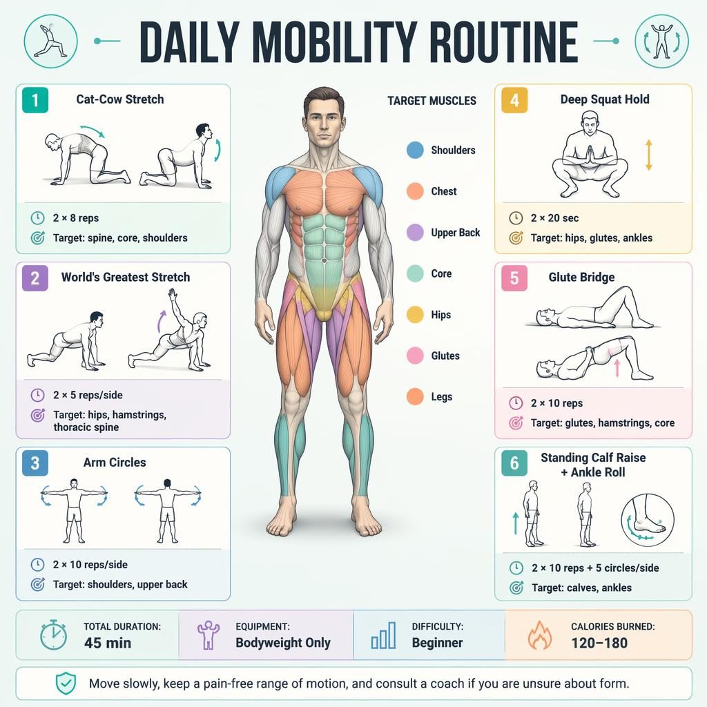Daily Mobility Routine infographic with central muscle map, 6 exercise cards, quick stats, legend, and safety tip.