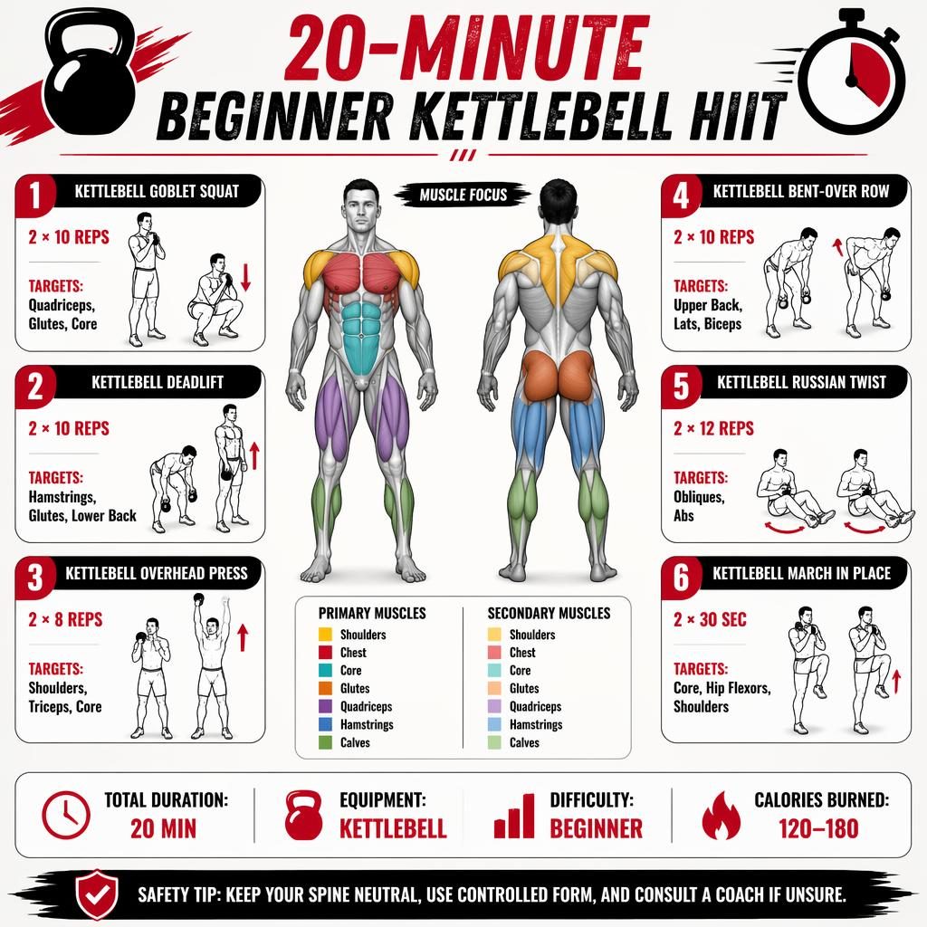 Fitness infographic poster showing a 20-minute beginner kettlebell HIIT routine with muscle map and 6 exercise cards.