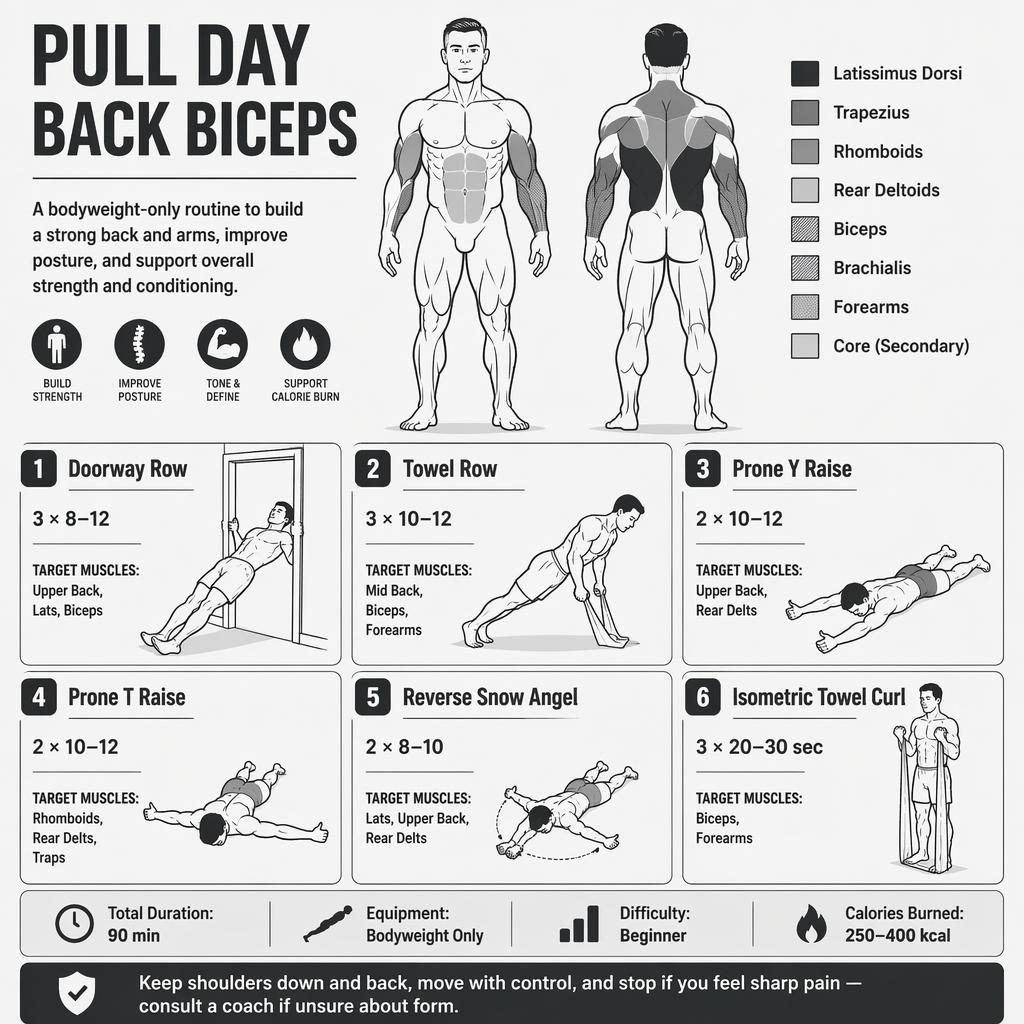 Monochrome pull day infographic with front and back anatomy, 6 bodyweight back and biceps exercises, stats strip, and safety tip.