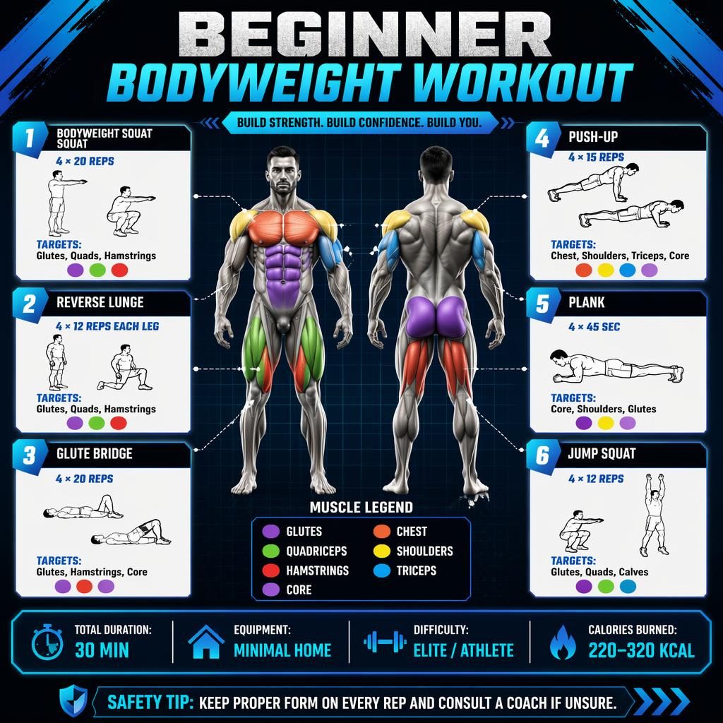 Bold blue fitness infographic with front and back body figures, highlighted muscles, and 6 bodyweight exercise cards.