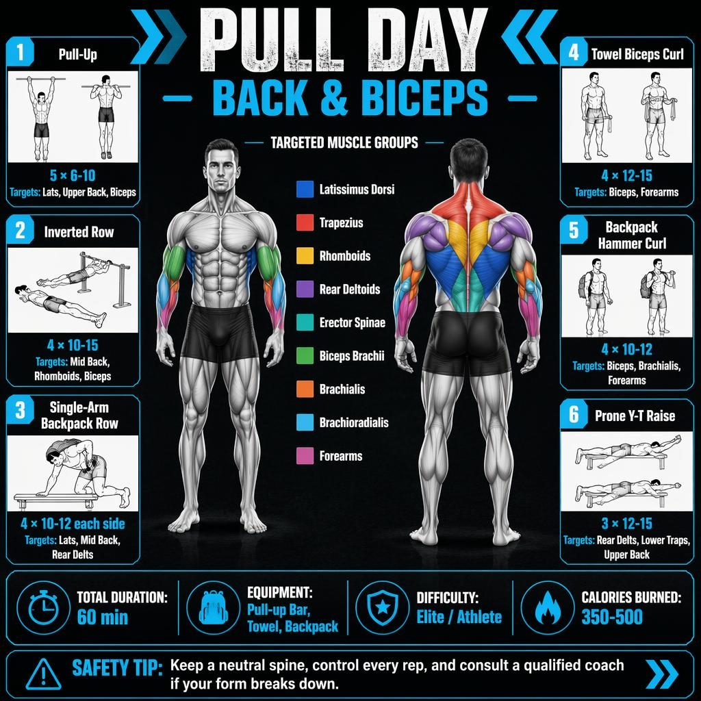 Gym poster infographic showing male front and back anatomy with pull day back and biceps exercises, stats, and safety tip.