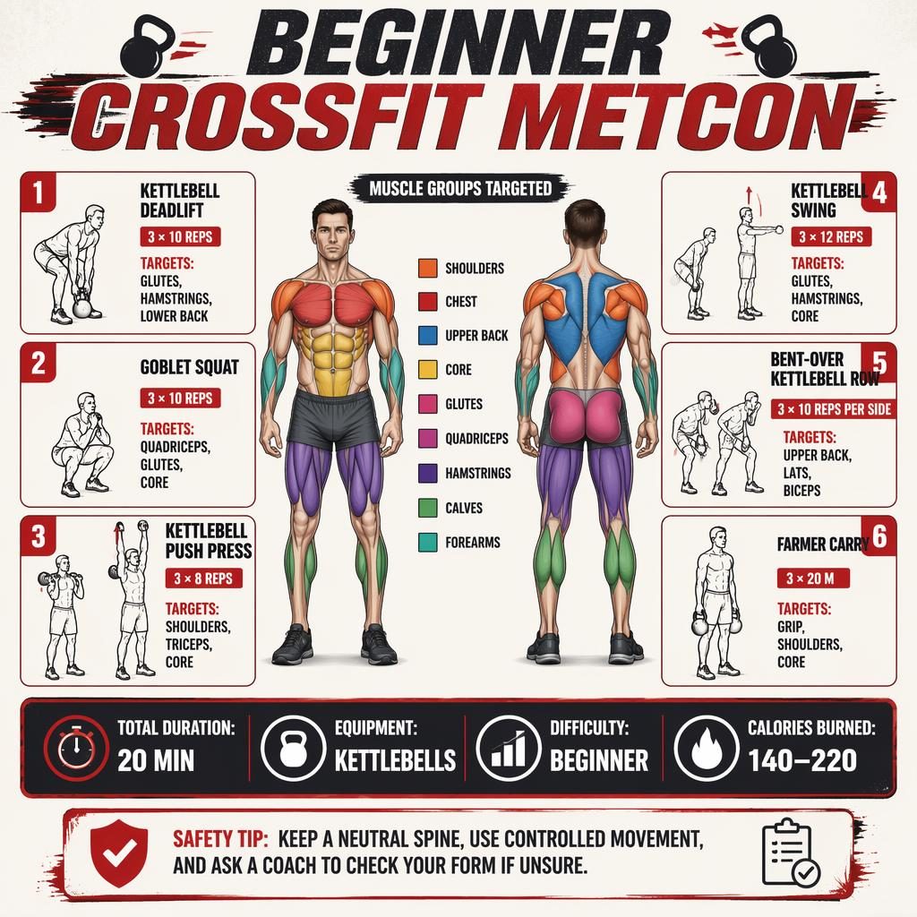 Workout infographic showing male anatomy front/back, 6 kettlebell exercises, muscle highlights, stats strip, and safety tip.