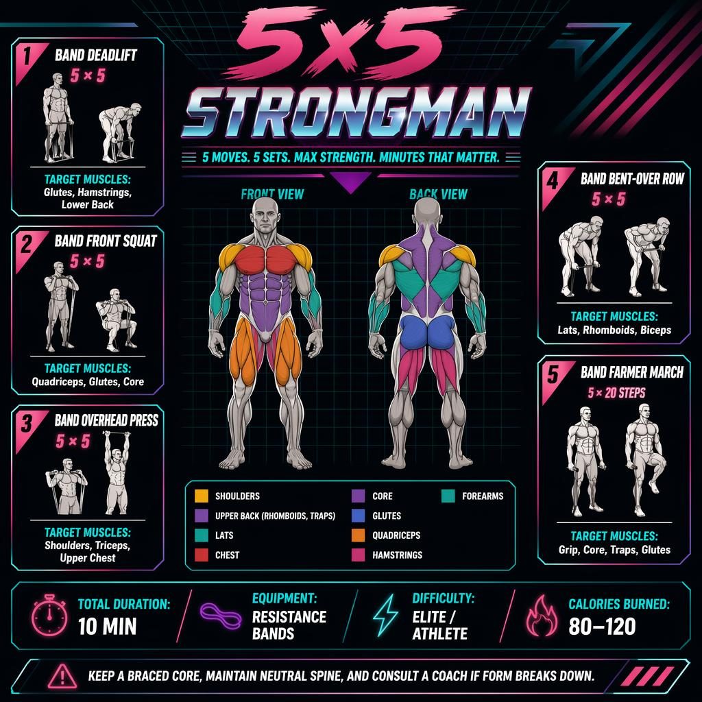 Infographie dark mode 5x5 Strongman avec figure anatomique avant/arrière et 5 exercices aux bandes numérotés.
