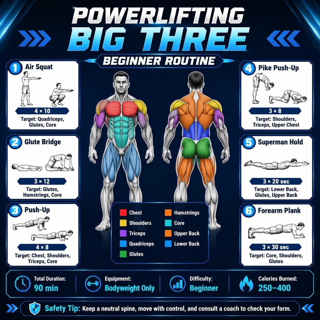 Blue workout infographic with front and back anatomy figure and 6 beginner bodyweight exercise cards for powerlifting.