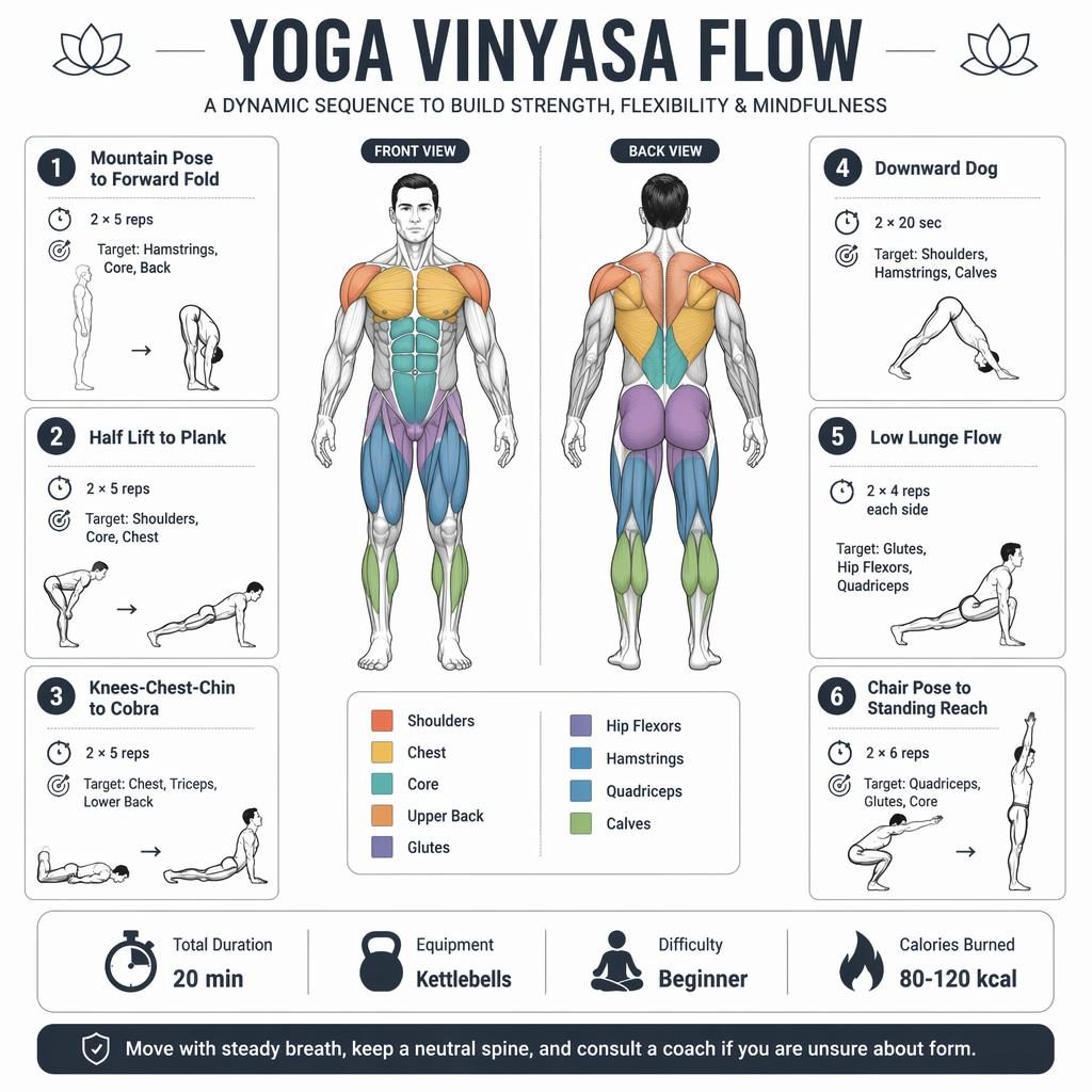 Portrait yoga vinyasa flow infographic with front and back muscle maps, 6 exercise cards, quick stats, and safety tip.