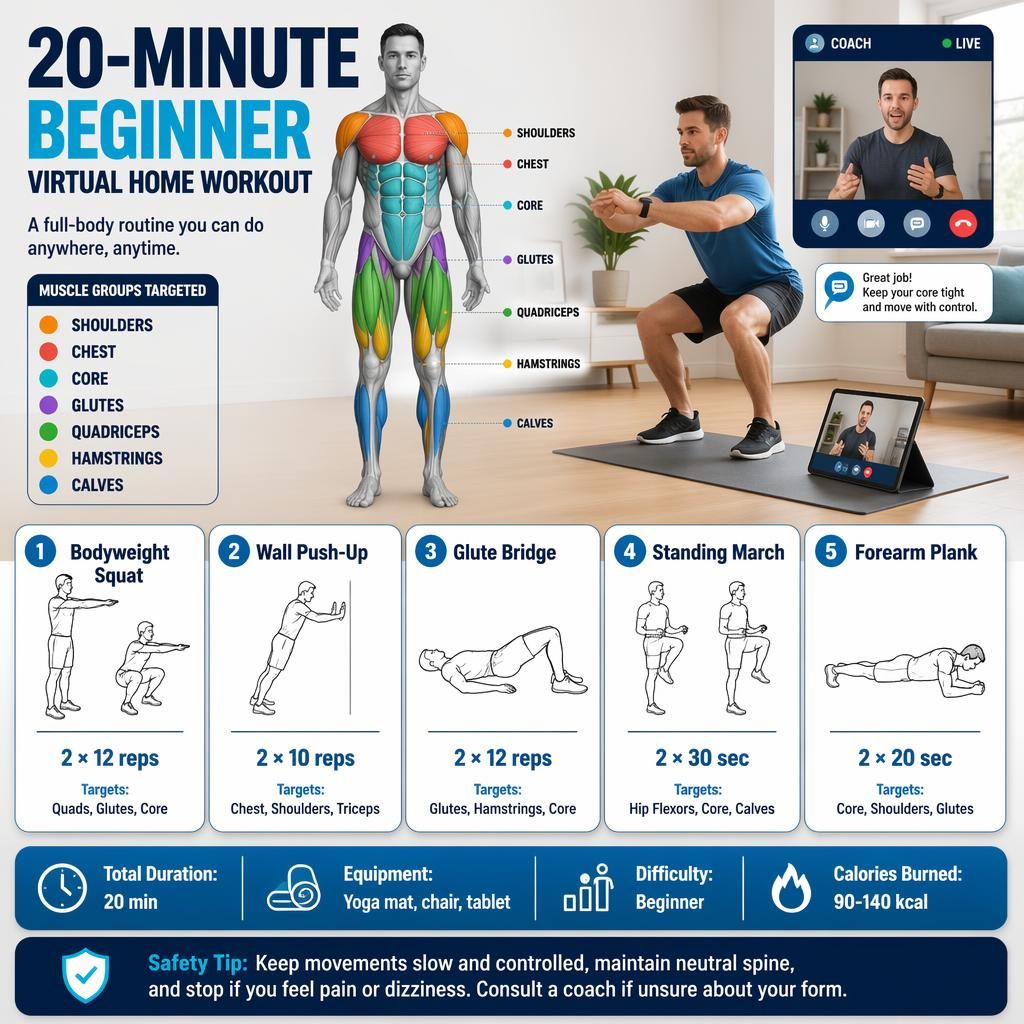 Infografía de entrena virtual con atleta adulto en casa, músculos destacados, 5 ejercicios y guía en tableta.