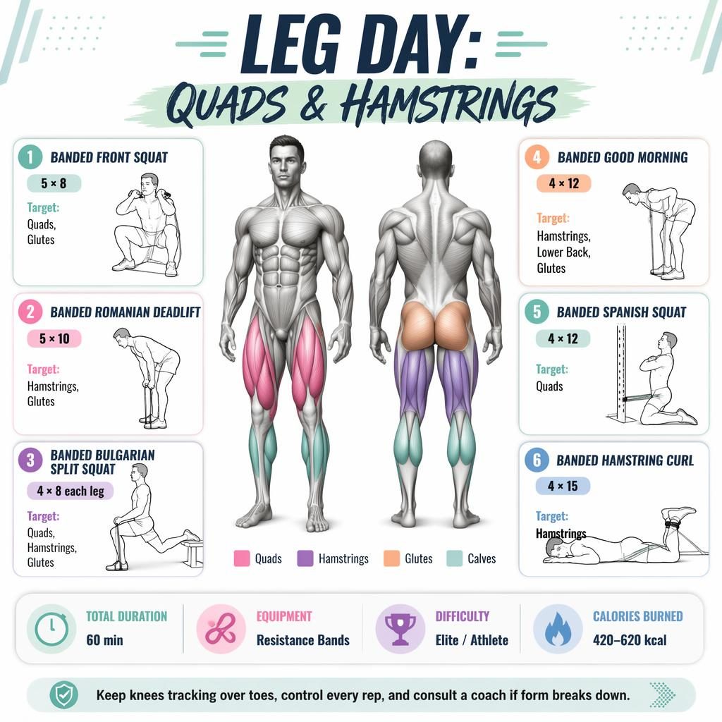 Pastel workout infographic showing front and back anatomy with quads and hamstrings highlighted, plus 6 banded leg exercises.