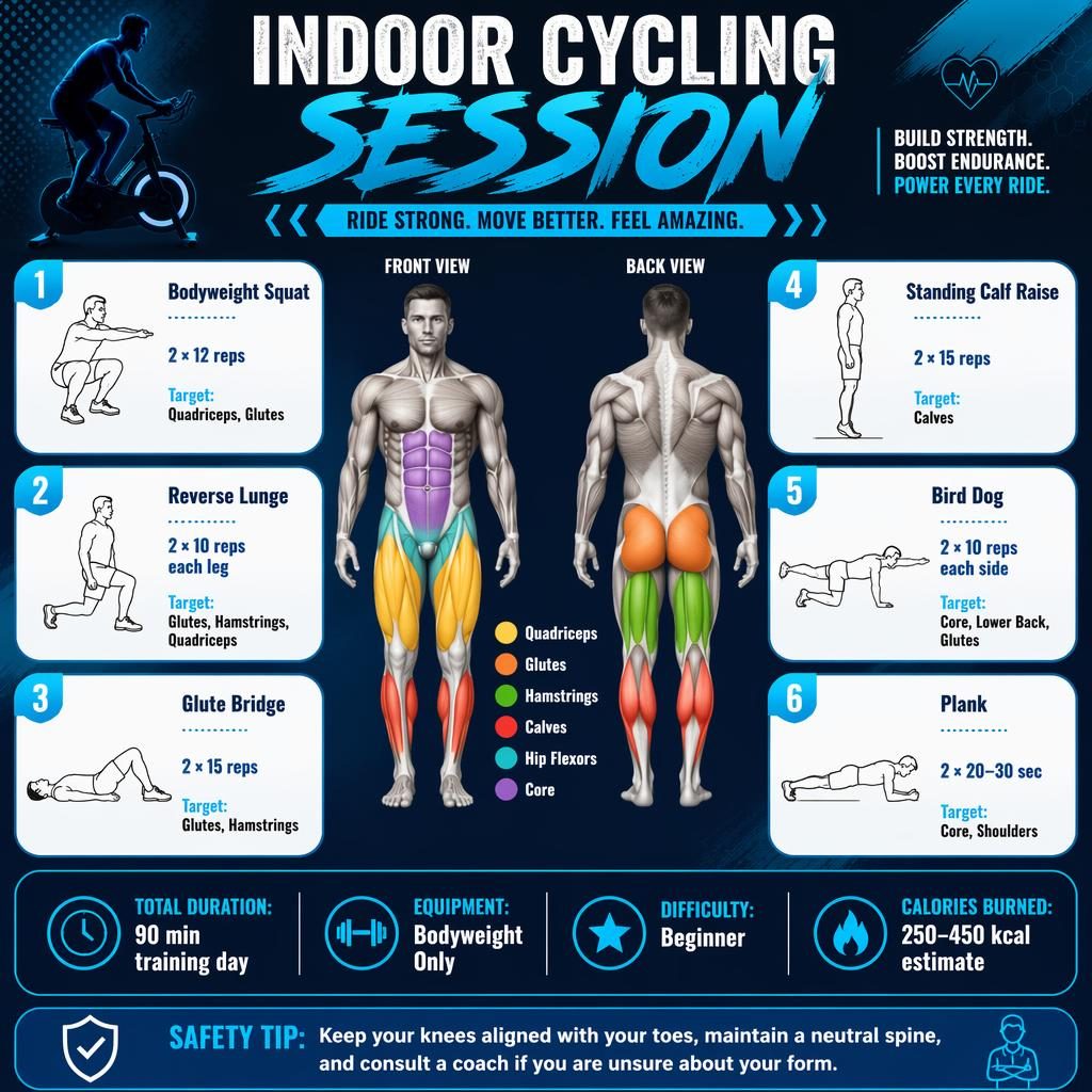 Blue indoor cycling workout infographic with anatomy figure, 6 exercise cards, muscle highlights, stats strip, and safety tip.