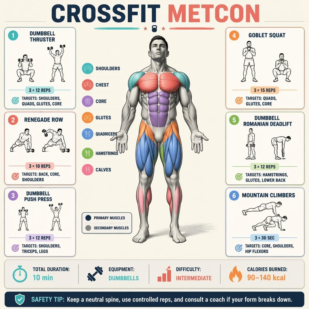 CrossFit Metcon printable ab workout chart infographic with anatomy figure, 6 exercise cards, stats strip, legend, and safety tip.