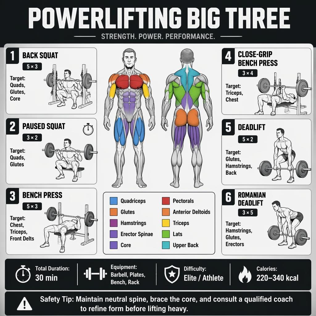 Monochrome workout infographic with front and back anatomy figure and 6 powerlifting exercise cards with sets, reps, targets.