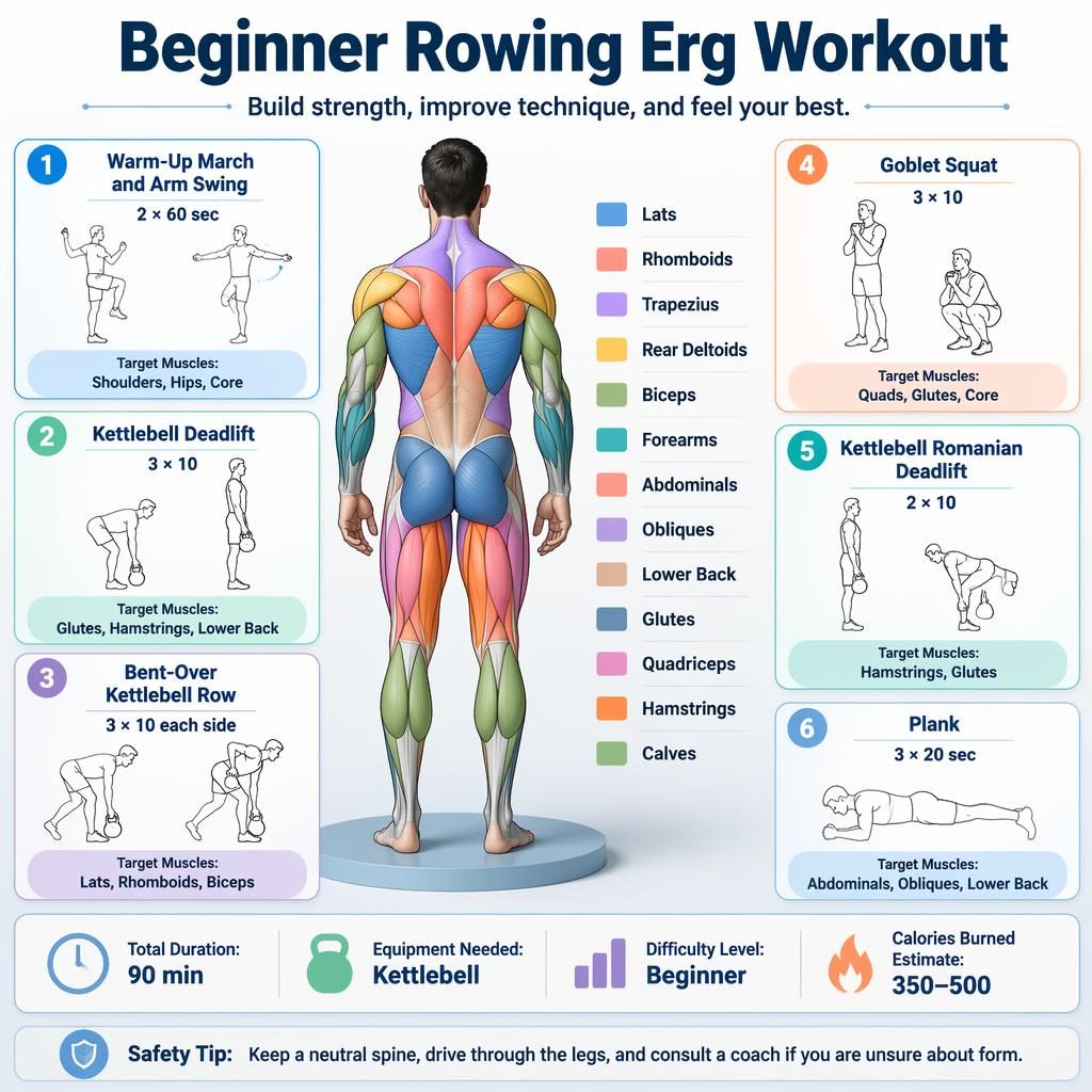 Beginner Rowing Erg infographic with muscle map, 6 exercise cards, stats strip, and safety tip in pastel editorial style.