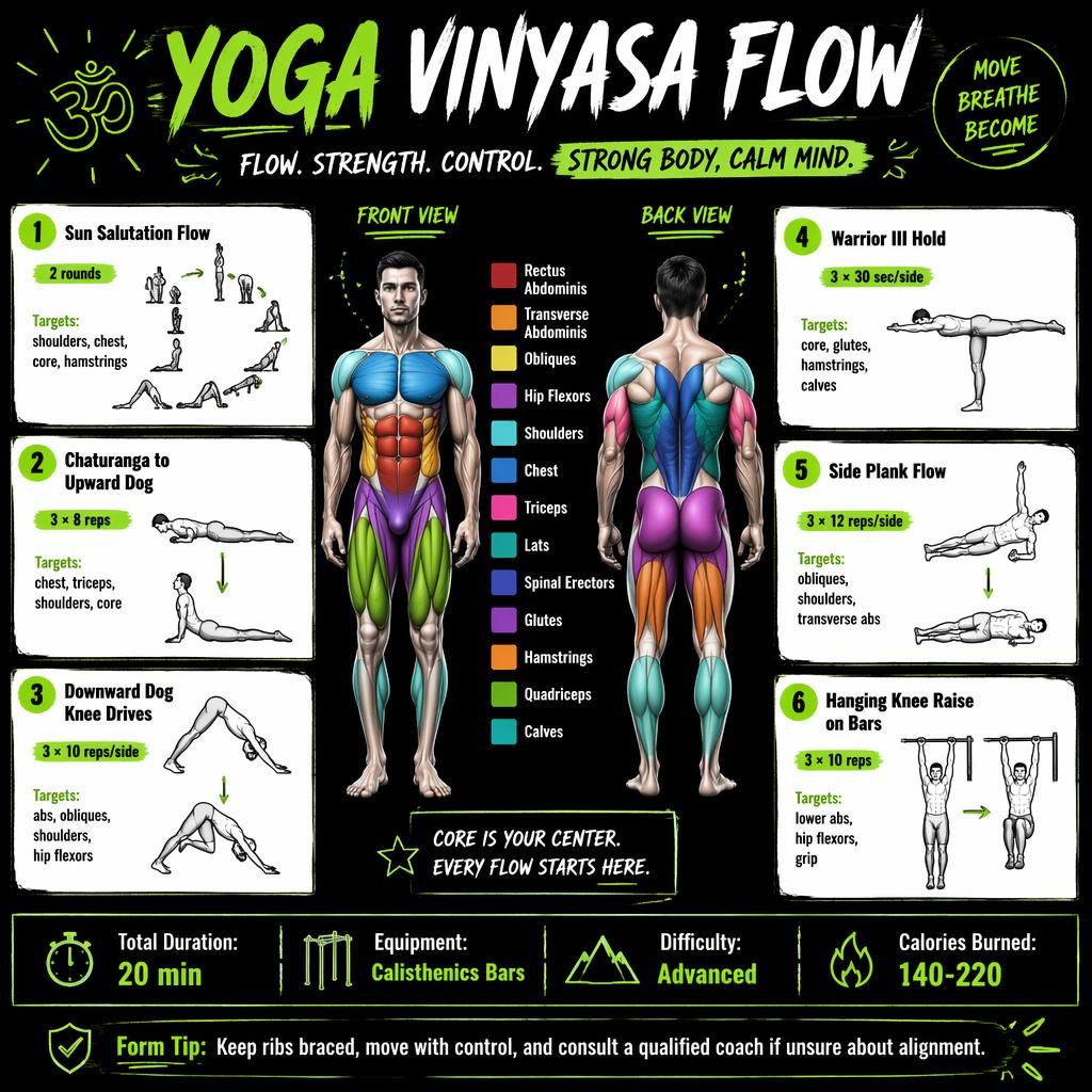 Vertical yoga vinyasa fitness infographic with front-and-back muscle map, 6 exercise cards, stats strip, and safety tip.