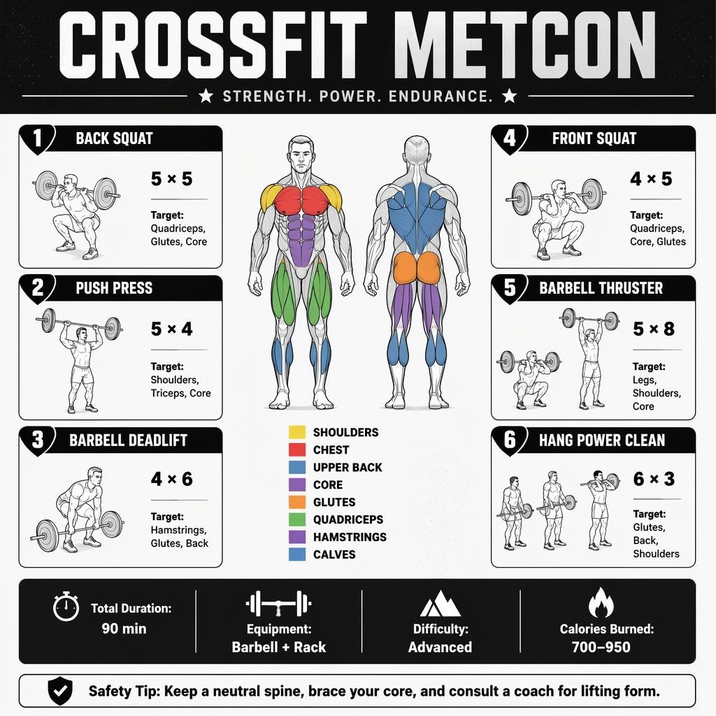 Minimal grayscale CrossFit Metcon workout infographic with anatomy figure, 6 exercise cards, stats strip, and safety tip.