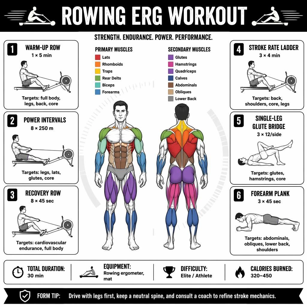 Monochrome rowing erg workout infographic with muscle map, 6 exercise cards, quick stats, and safety form tip.