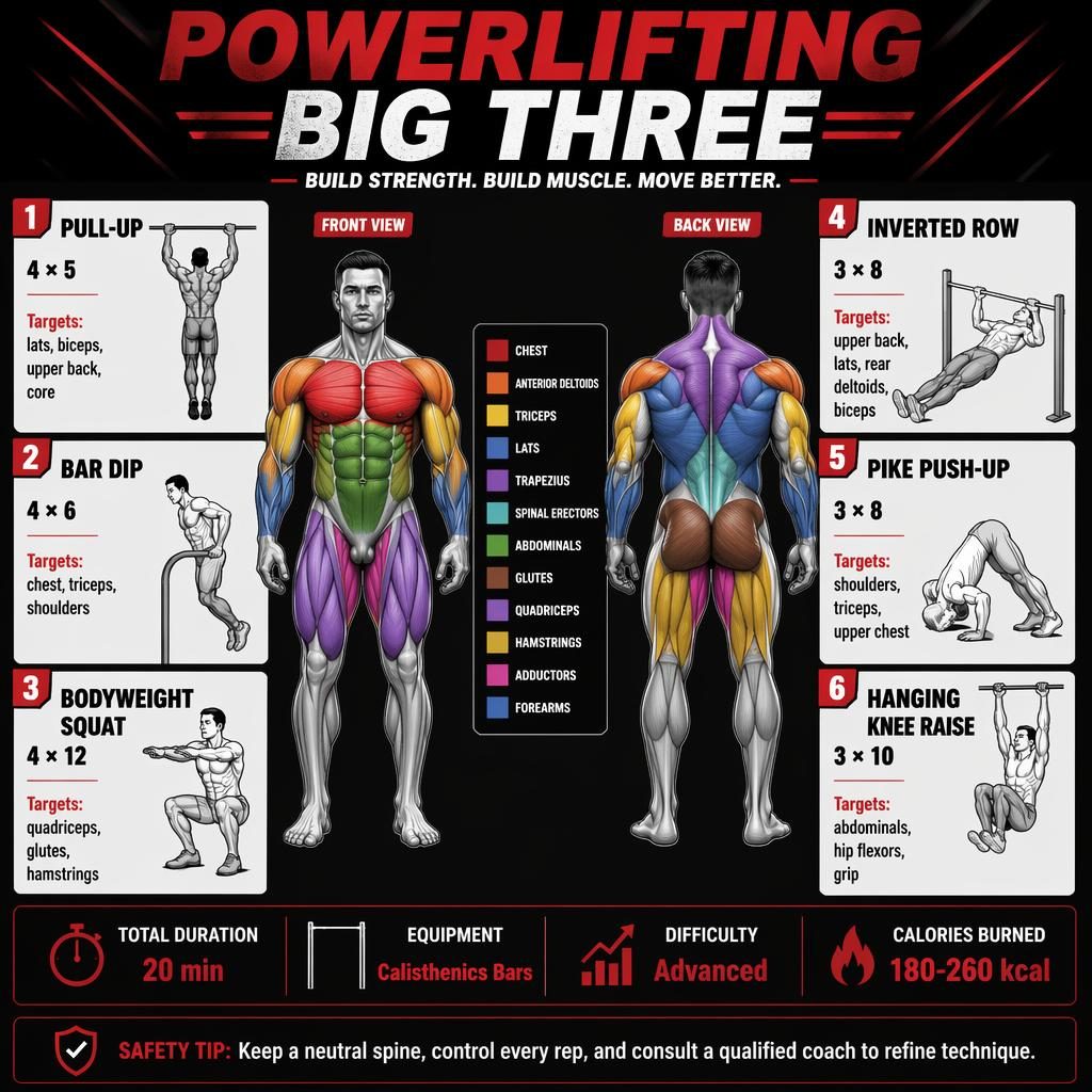 Anatomical workout infographic with front and back figures, 6 calisthenics exercises, muscle highlights, and stats.