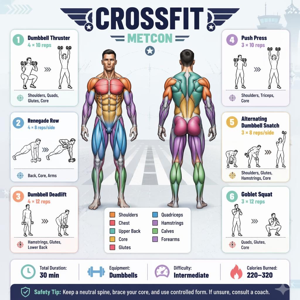 CrossFit Metcon infographic with front and back anatomy figure, 6 dumbbell exercise cards, stats strip, and safety tip.