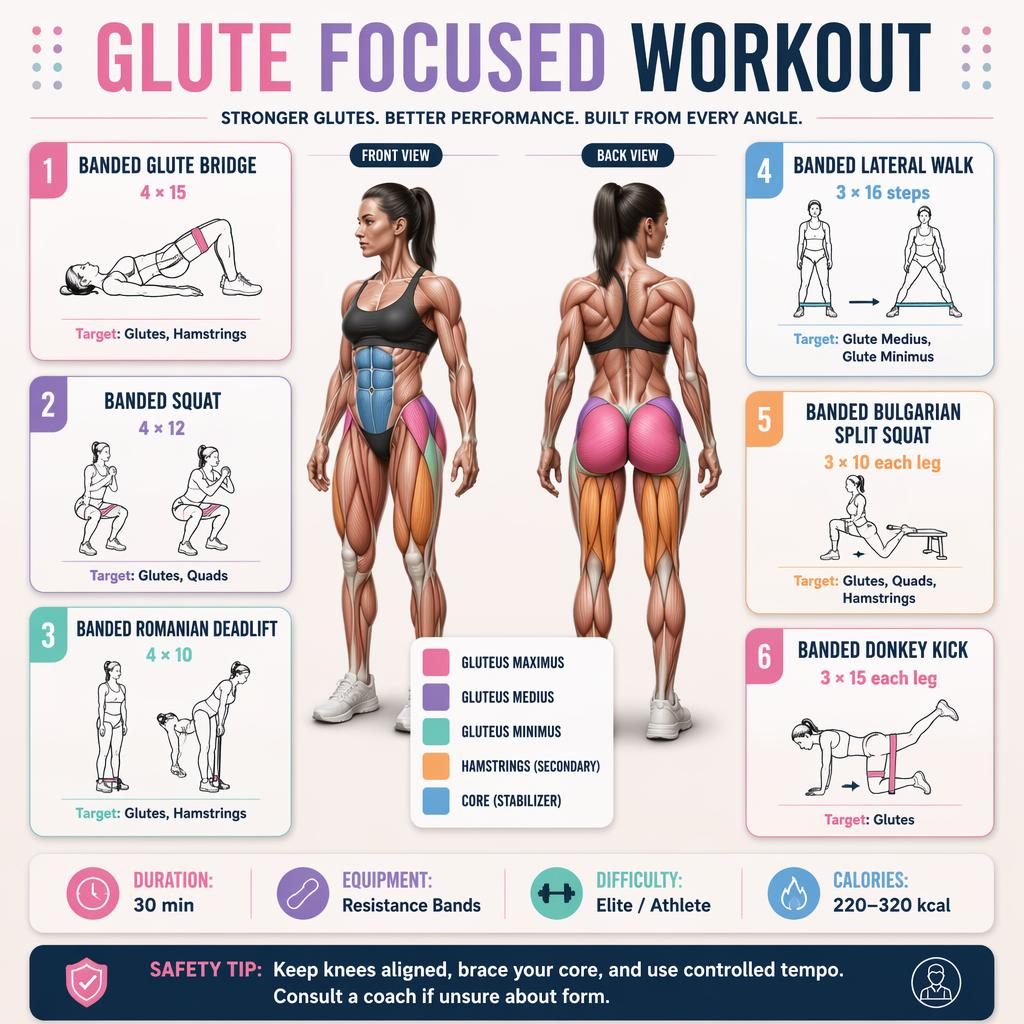 Glute focused workout infographic with front and back anatomy figure, 6 band exercises, stats strip, and safety tip.
