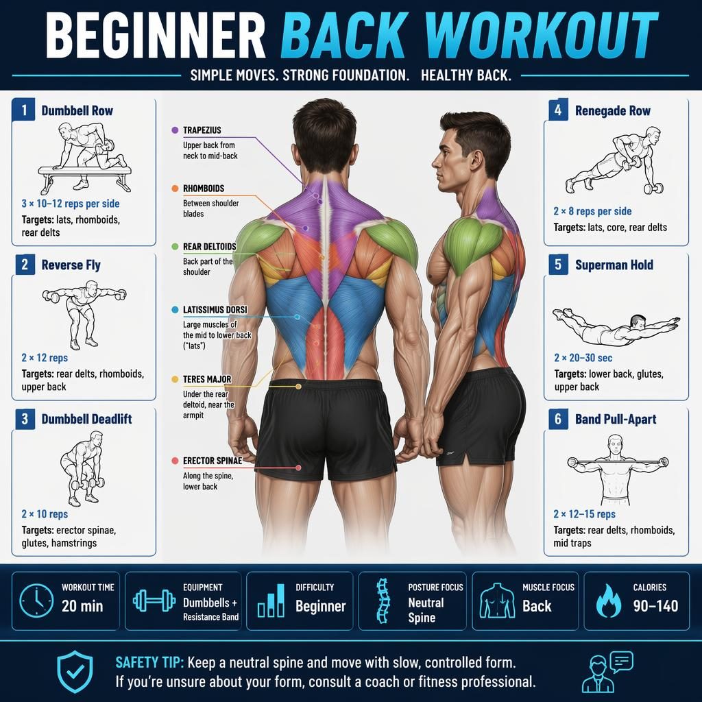 Infografía fitness azul con figura anatómica de espalda y 6 ejercicios numerados para principiantes con estadísticas.