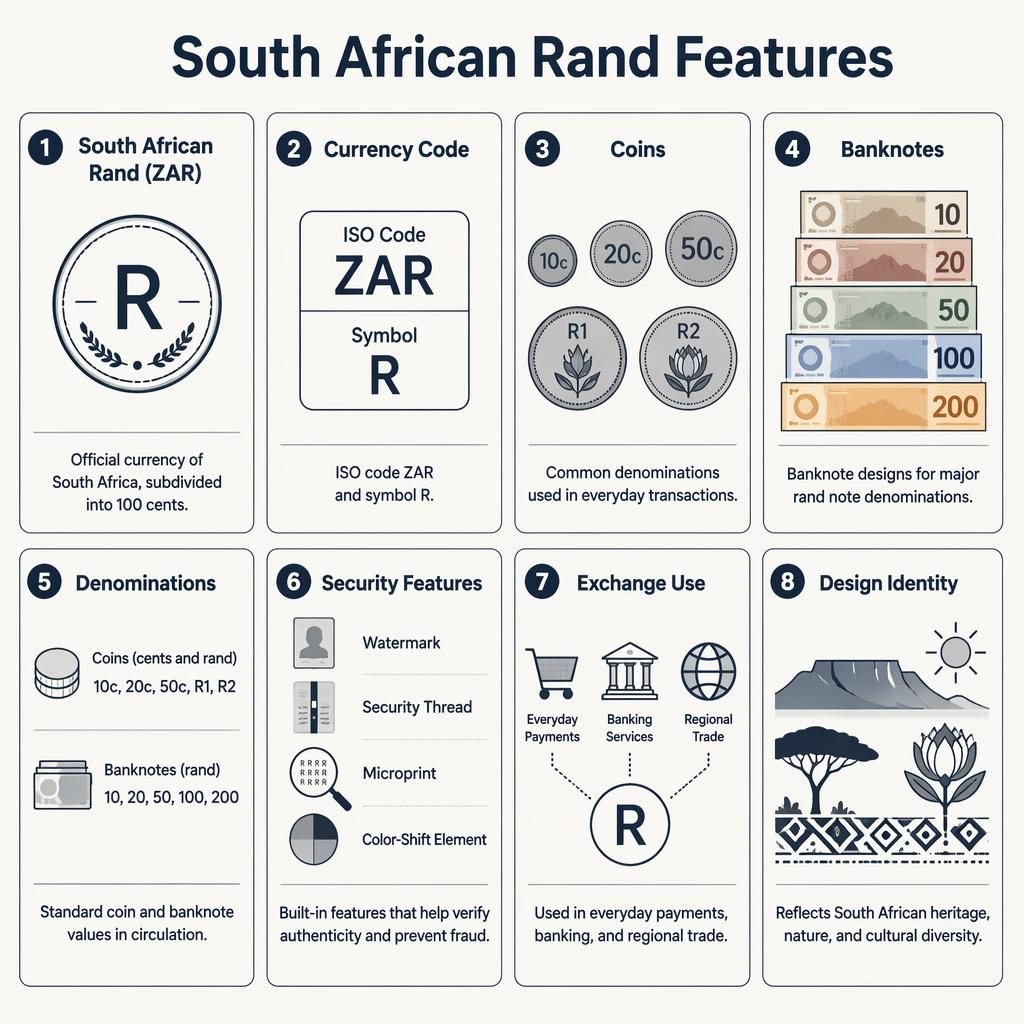 Minimalistická infografika s mřížkou 8 karet o jihoafrickém randu, ikonách mincí, bankovek, kódu ZAR a zabezpečení.