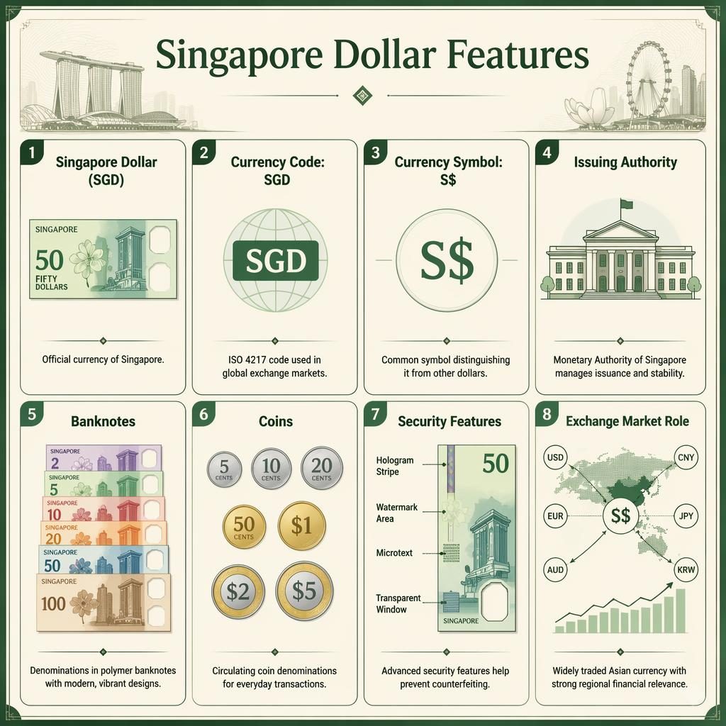 Čistá mřížková infografika s 8 kartami o singapurském dolaru SGD v zeleno-krémové paletě a finančním stylu.