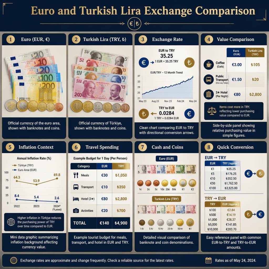 Infografik mit 8 Karten zu Euro und Türkischer Lira, mit Scheinen, Münzen, Charts, Umrechnung und Datenfeldern.