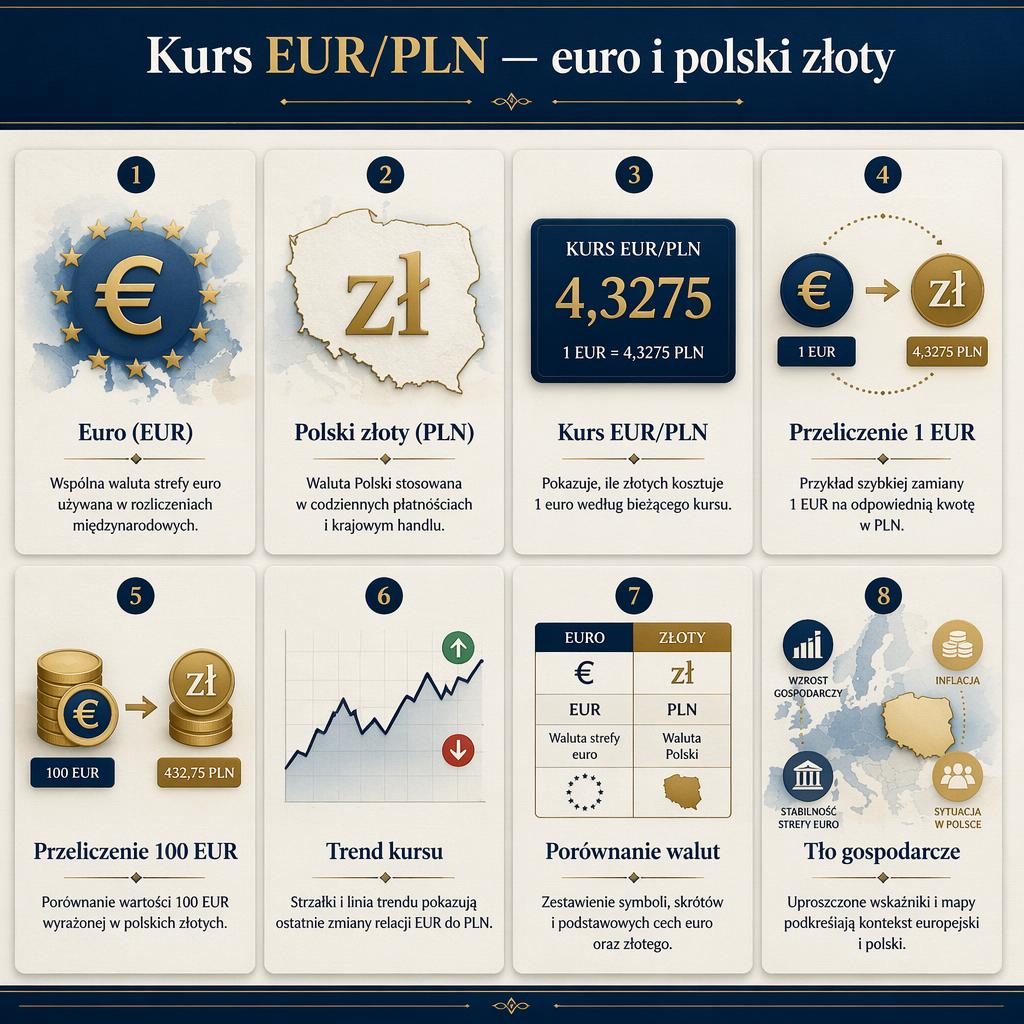 Infografika w siatce 8 kart o kursie EUR/PLN, z ikonami euro, złotego, wykresami i mapowymi odniesieniami.