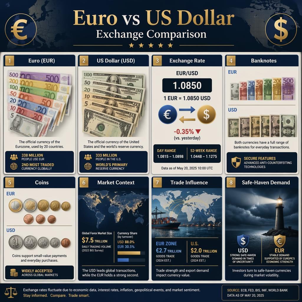 Infografik im Kartenraster mit EUR- und USD-Karten, Münzen, Banknoten, Wechselkurs-Pfeilen, Mini-Charts in Navy und Gold.