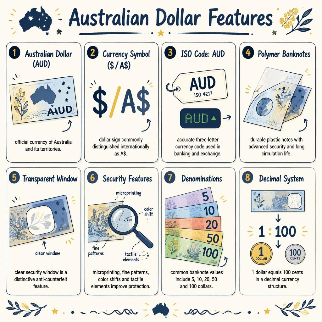 Infografika s 8 kartami o australském dolaru, sketchnote styl, námořnická modrá a zlatá, ikony bankovek a označení měny.