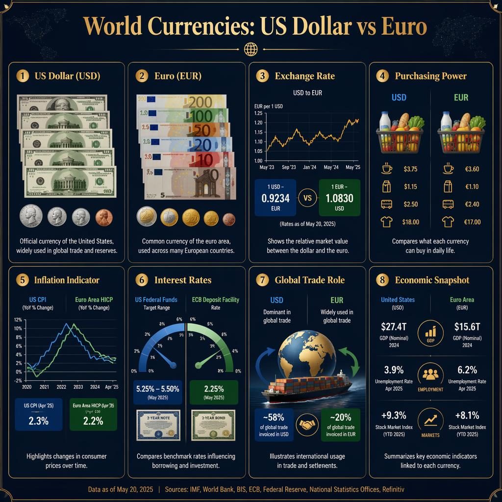 Infografik-Tafel mit 8 Karten zu US-Dollar und Euro, Diagrammen, Symbolen sowie generischen Banknoten und Münzen.