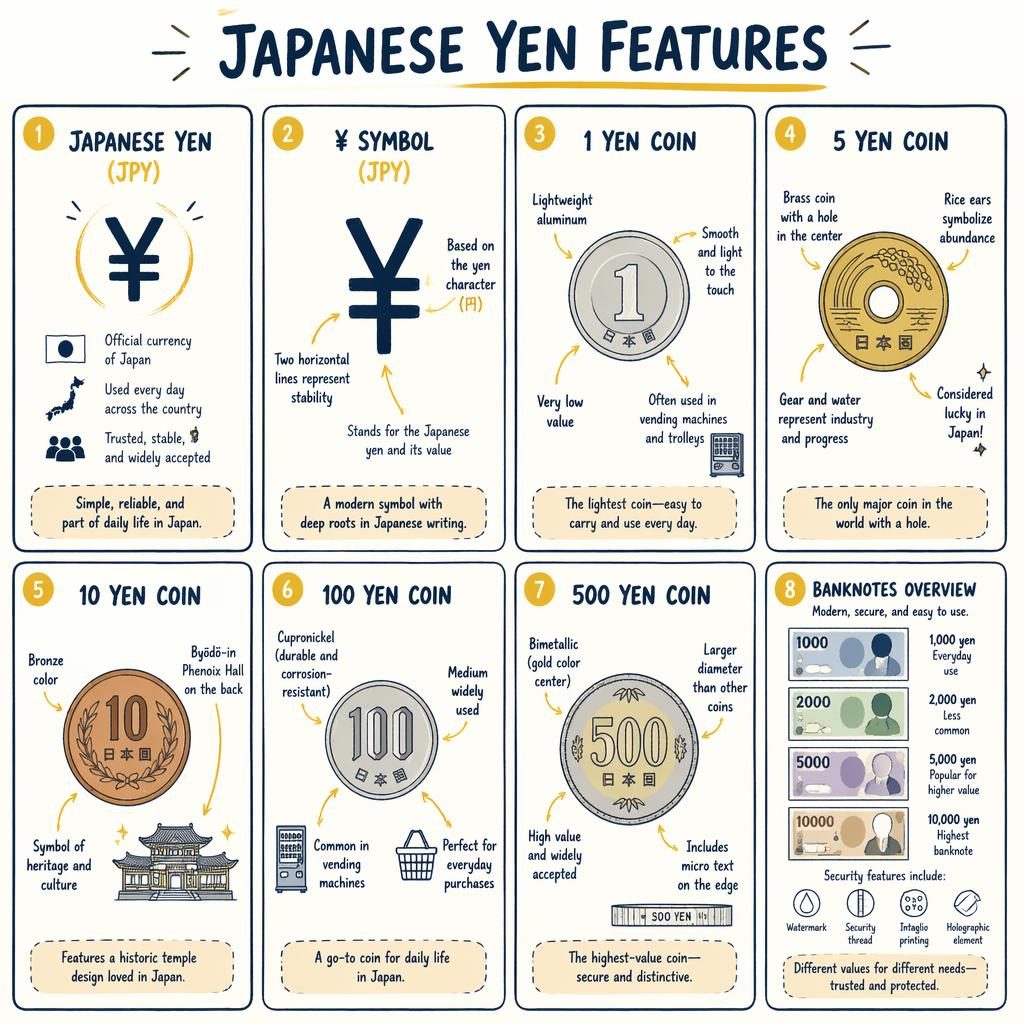 Infografika s 8 kartami o japonském jenu, sketchnote styl, navy a zlatá, mince 1–500 yenů, symbol ¥ a přehled bankovek.