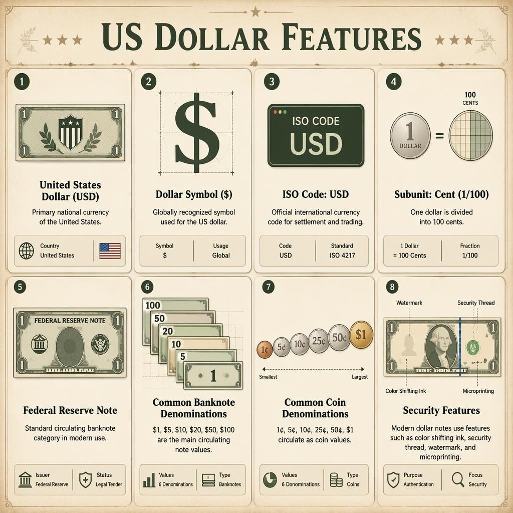 Infographie en grille de 8 cartes sur le dollar américain, style dashboard parchemin vintage avec icônes génériques et textes anglais.