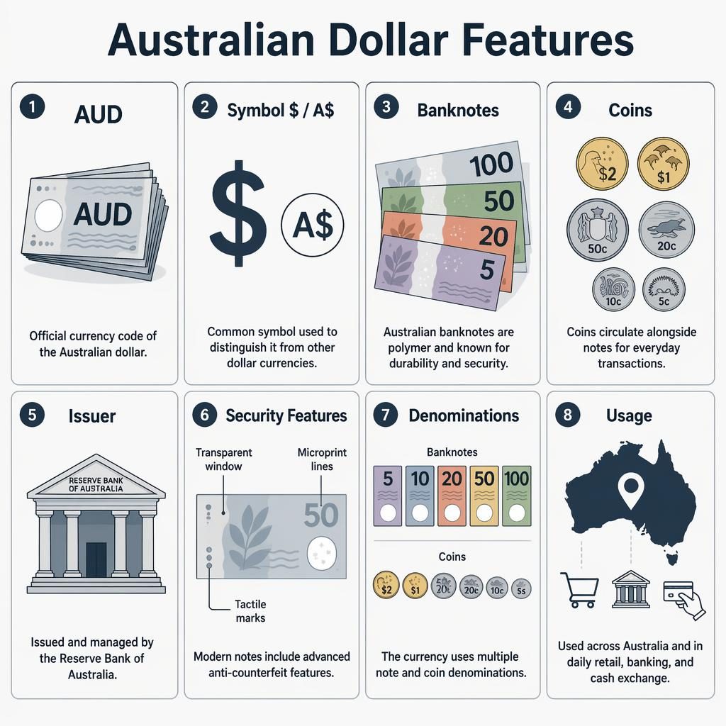 Minimalistická infografika s 8 kartami o australském dolaru, ikonami bankovek, mincí, emitenta a zabezpečení.