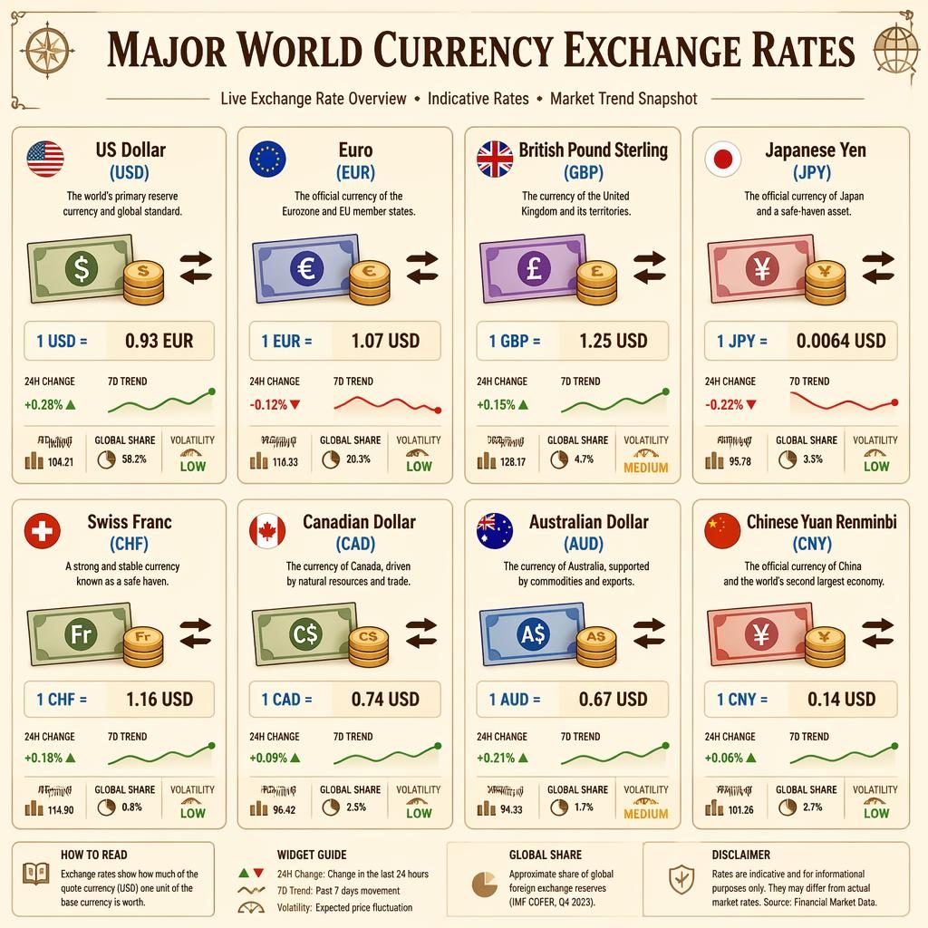 Mřížková infografika s 8 kartami hlavních měn, ikonami bankovek a mincí, šipkami směny a ukazateli kurzů.