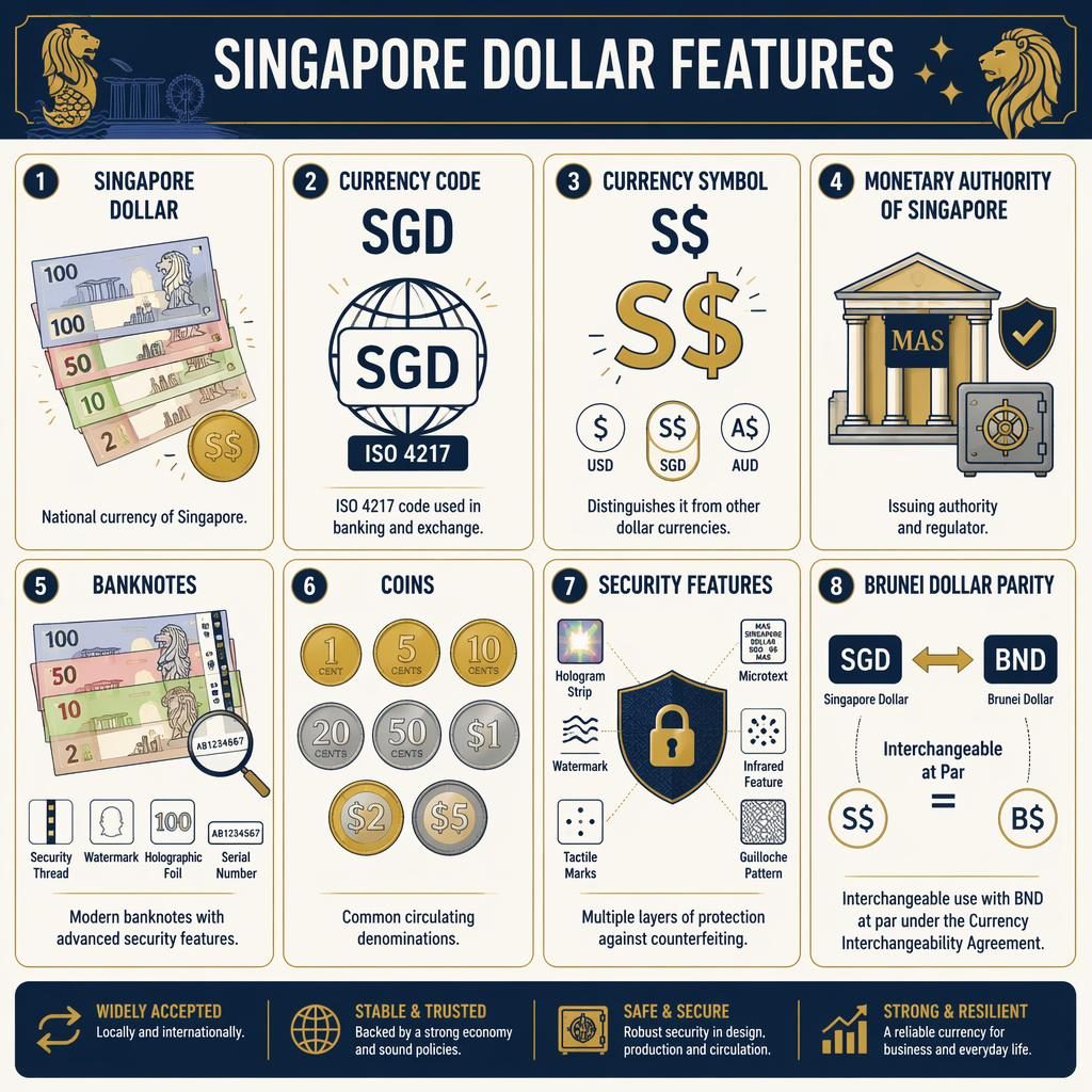 Infografika s mřížkou 8 karet o singapurském dolaru, ikonami mincí, bankovek, SGD, S$ a bezpečnostních prvků.