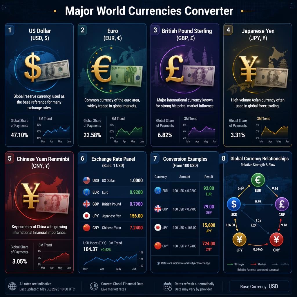 Infographie en grille de 8 cartes sur le convertisseur monnaie avec USD, EUR, GBP, JPY, CNY, taux, tableau et carte mondiale.