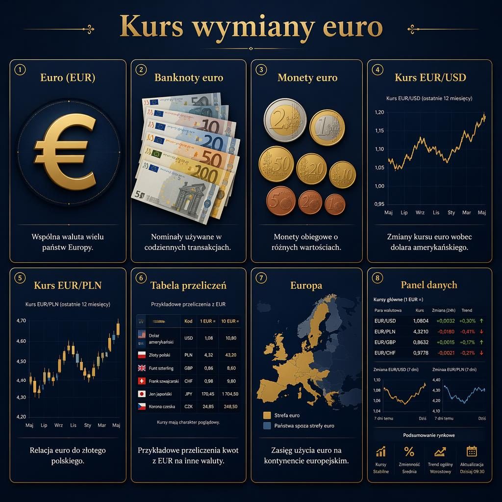 Infografika siatki 8 kart o kursie euro, z banknotami, monetami, wykresami EUR/USD, EUR/PLN i mapą Europy.