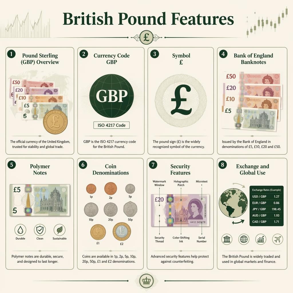 Infografika s mřížkou 8 karet o britské libře v zeleno-krémové paletě, s ikonami mincí, bankovek a prvků zabezpečení.