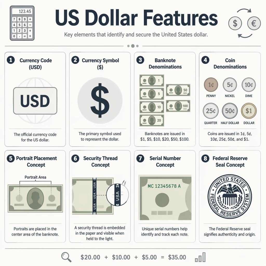 Infografika s mřížkou 8 karet o americkém dolaru, s ikonami USD, $, bankovek, mincí a bezpečnostních prvků.