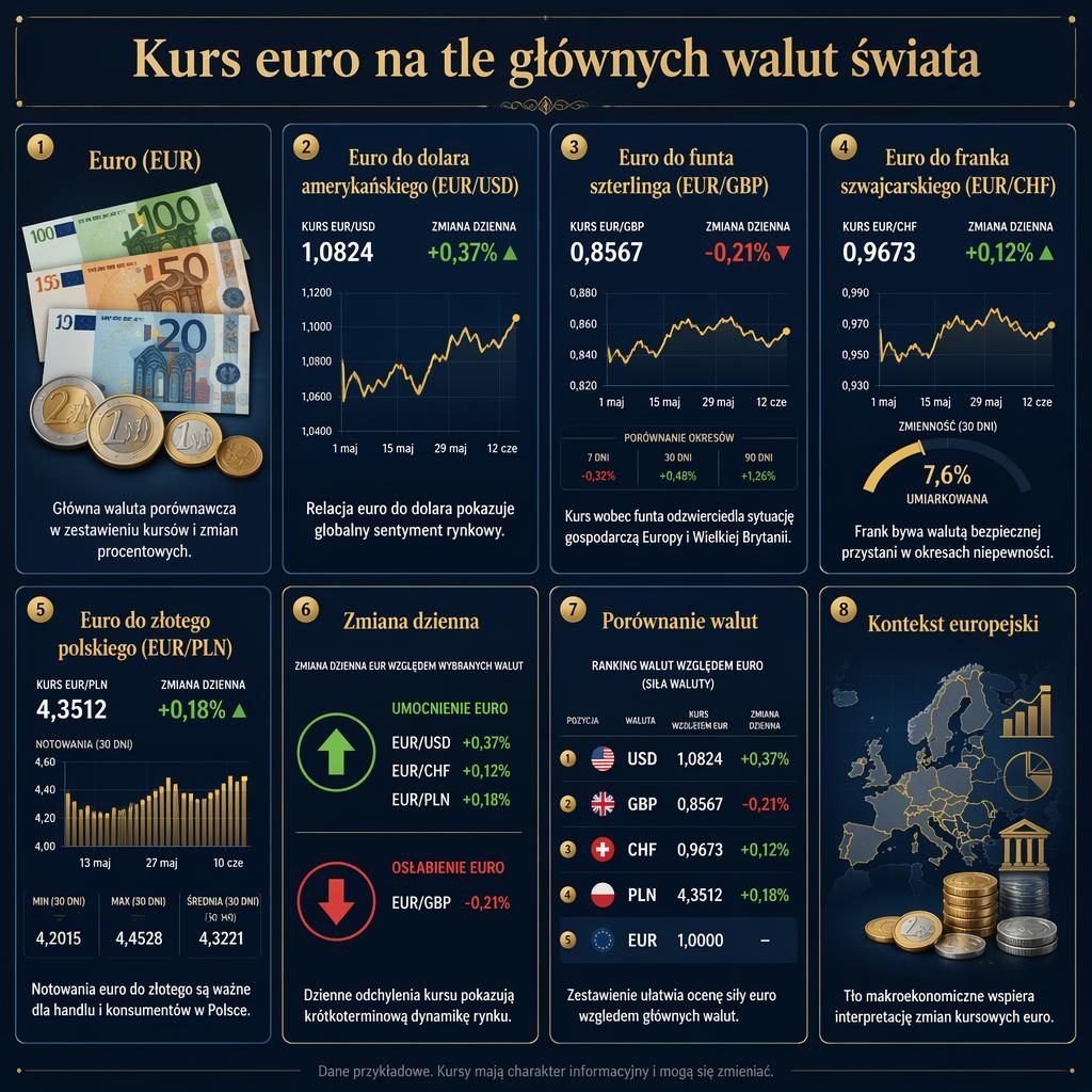 Infografika z 8 kartami o kursie euro, wykresami EUR/USD, EUR/GBP, EUR/CHF, EUR/PLN i mapą Europy.